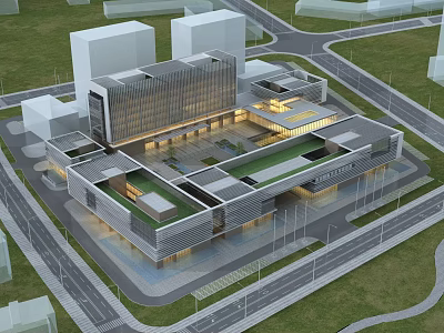 Modern Commercial Complex Showcasing Contemporary Architectural Design Green Roof And Open Plaza Areas 3d model