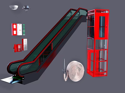 Red Elevator Cabin And Escalator With Control Panels In Modern Design 3d model
