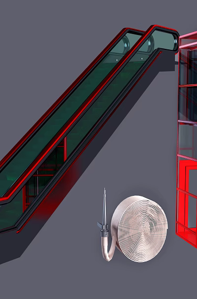 Red Elevator Cabin And Escalator With Control Panels In Modern Design 3d model