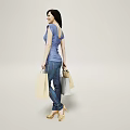 Smiling Woman Holding Shopping Bags In Blue Top Jeans And Beige Shoes Against Gray Background