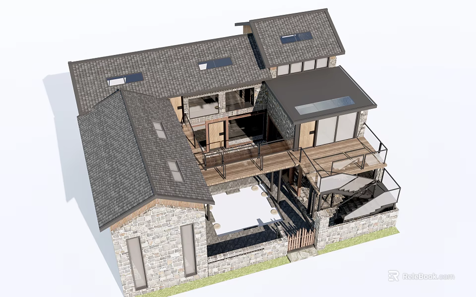 Modern Single Family House With Gray Roof Stone Walls Terrace Balcony 3d model 
