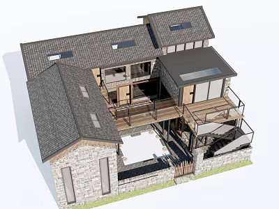 Modern Single Family House With Gray Roof Stone Walls Terrace Balcony 3d model