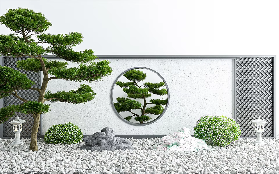 Circular Garden Wall Featuring Pine Tree Pattern with Green Pine White Wall and Gray Gravel 3d model