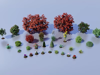 Diverse Outdoor Plant Combination with Red Leaf Trees Green Shrubs and Small Flowering Plants 3d model