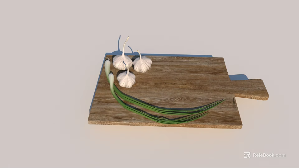 Essential Kitchen Wooden Cutting Board With Fresh Garlic Bulbs And Green Onions 3d model 