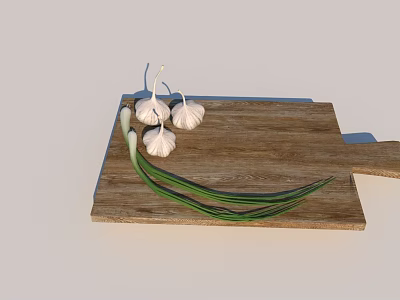 Essential Kitchen Wooden Cutting Board With Fresh Garlic Bulbs And Green Onions 3d model