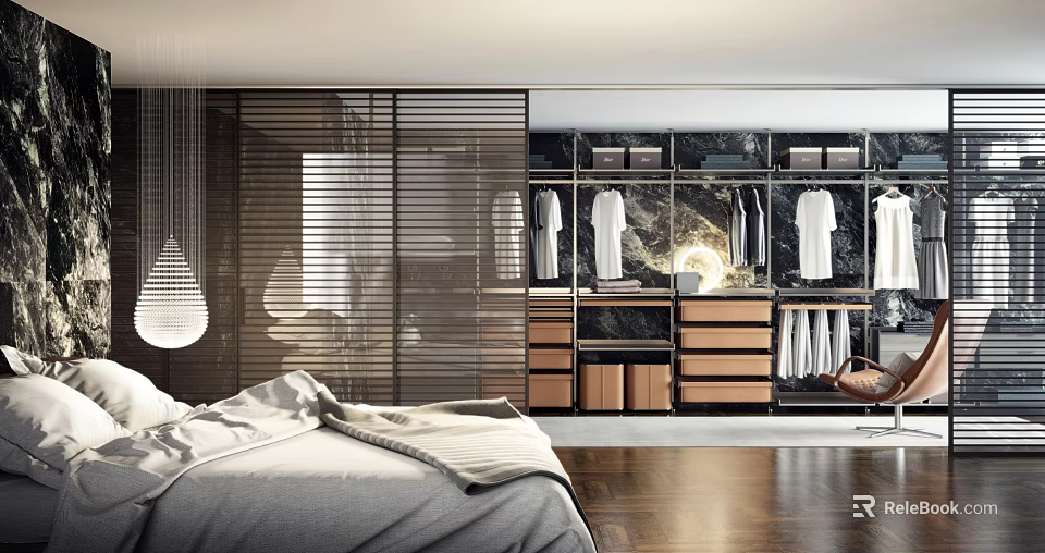 Modern Walk in Closet Design With Wooden Cabinets Marble Backdrop Drawers And Hanging Clothes 3d model 