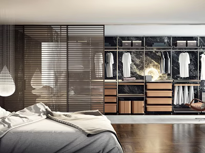Modern Walk in Closet Design With Wooden Cabinets Marble Backdrop Drawers And Hanging Clothes 3d model