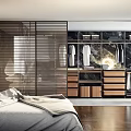 Modern Walk in Closet Design With Wooden Cabinets Marble Backdrop Drawers And Hanging Clothes