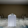 Dining Table Set With White Tablecloth Flower Bouquet Chairs Patterned Carpet And Brown Walls 3d model