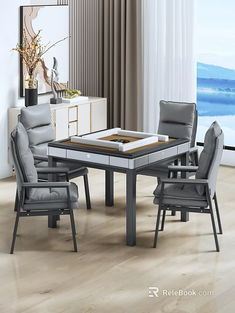 Living Room Interior With Mahjong Table Gray Chairs White Cabinet And Decorations 3d model