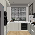 Modern Kitchen Interior Design With White Cabinets Silver Refrigerator Appliances And Window Blinds