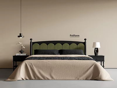 Modern Double Bed With Green Upholstered Headboard Beige Bedspread And Nightstands 3d model