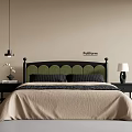 Modern Double Bed With Green Upholstered Headboard Beige Bedspread And Nightstands