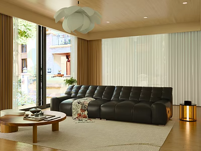 Modern Living Room Interior with Black Leather Sofa Wooden Coffee Table and White Pendant Light 3d model