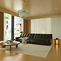 Modern Living Room Interior with Black Leather Sofa Wooden Coffee Table and White Pendant Light