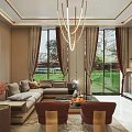 Elegant Modern Living Room Interior With Marble Wall Sofa Coffee Table TV And Chandelier