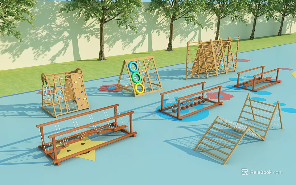 Outdoor Wooden Playground Equipment with Climbing Frames Swings Balance Beams for Kids 3d model 