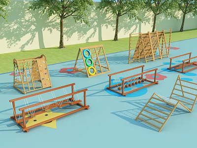 Outdoor Wooden Playground Equipment with Climbing Frames Swings Balance Beams for Kids 3d model