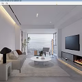 Modern Living Room Interior With Sofa Coffee Table TV Fireplace And Floor to Ceiling Window