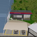 Modern Jiangxi Fire Station With Red White Roof Green Lawn Trees Carport And Two Cars