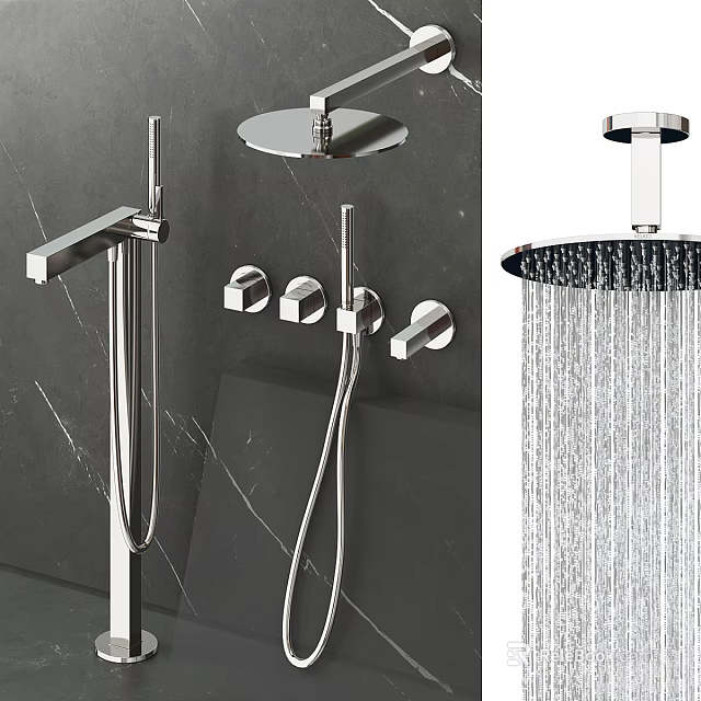 Modern Chrome Rainfall Shower Head With Handheld Sprayer And Control Knobs 3d model 
