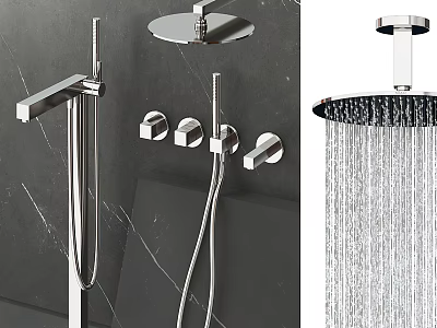 Modern Chrome Rainfall Shower Head With Handheld Sprayer And Control Knobs 3d model