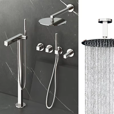 Modern Chrome Rainfall Shower Head With Handheld Sprayer And Control Knobs 3d model
