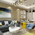 Modern Living And Dining Room Interior With Chandeliers Framed Artworks Sofa Dining Table And Chairs
