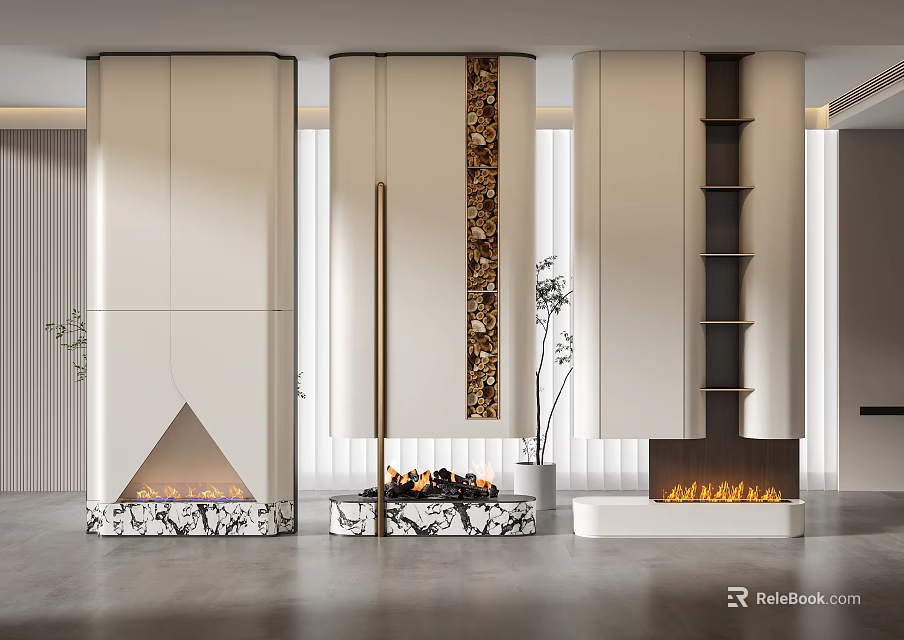 Different Modern Fireplace Designs With Marble Bases In Interior Space 3d model