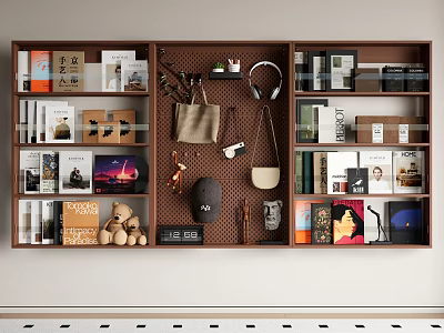 Modern Brown Wooden Shelving Unit Displaying Books Decorative Items Stuffed Toys And Potted Plant 3d model