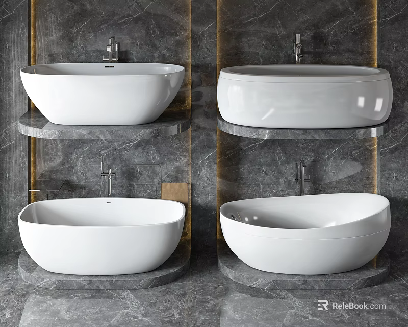 Modern White Freestanding Bathtub With Gray Marble Wall And Metal Faucet Design 3d model 