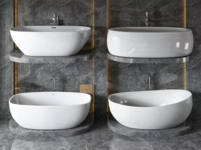 Modern White Freestanding Bathtub With Gray Marble Wall And Metal Faucet Design 3d model