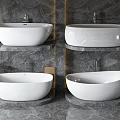 Modern White Freestanding Bathtub With Gray Marble Wall And Metal Faucet Design