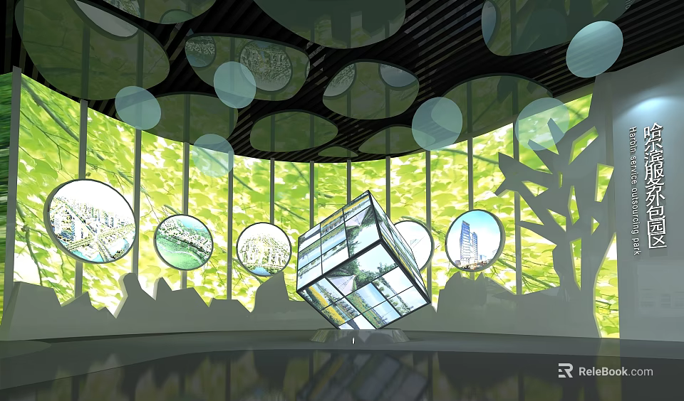 Modern Indoor Art Installation Featuring Geometric Cube Circular Elements And Green Backdrop With Light Effects 3d model