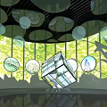Modern Indoor Art Installation Featuring Geometric Cube Circular Elements And Green Backdrop With Light Effects 3d model
