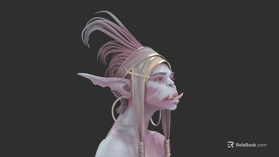 Fantasy Woman With Pointed Ears Feathered Hair And Cross Shaped Face Accessory 3d model 