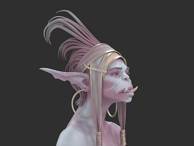 Fantasy Woman With Pointed Ears Feathered Hair And Cross Shaped Face Accessory 3d model