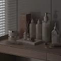 Modern Daily Washing Products On Wooden Counter With Glass Bottles And Soap Dispensers
