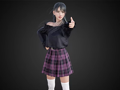 Woman In Off Shoulder Black Top And Purple Black Plaid Skirt Giving Thumbs Up 3d model