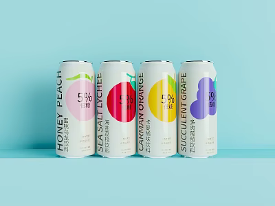 Peach Strawberry Orange Grape Flavored Canned Drinks 5% and Fruit Patterns on Light Blue Background 3d model
