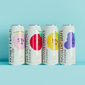 Peach Strawberry Orange Grape Flavored Canned Drinks 5% and Fruit Patterns on Light Blue Background