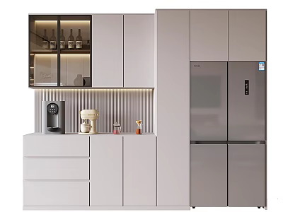Modern Kitchen Wine Cabinet With Glass Doors Lighting And White Cabinets 3d model