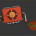 Red Robot With Smiling Face And Metal Arms Next To Potted Green Leaf Plant