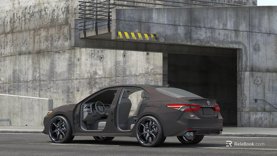 Gray Toyota Sedan With Open Doors Parked Near Concrete Structure And Yellow Warning Stripes 3d model 