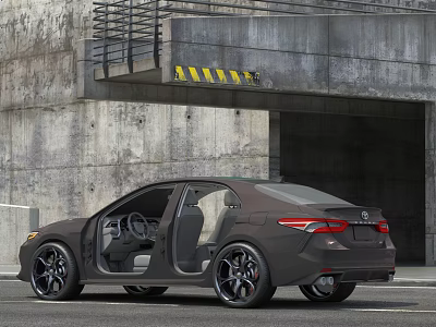 Gray Toyota Sedan With Open Doors Parked Near Concrete Structure And Yellow Warning Stripes 3d model