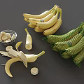 Fresh Yellow Bananas Peeled Sliced in Bowl and Mesh Bag with Green Bananas