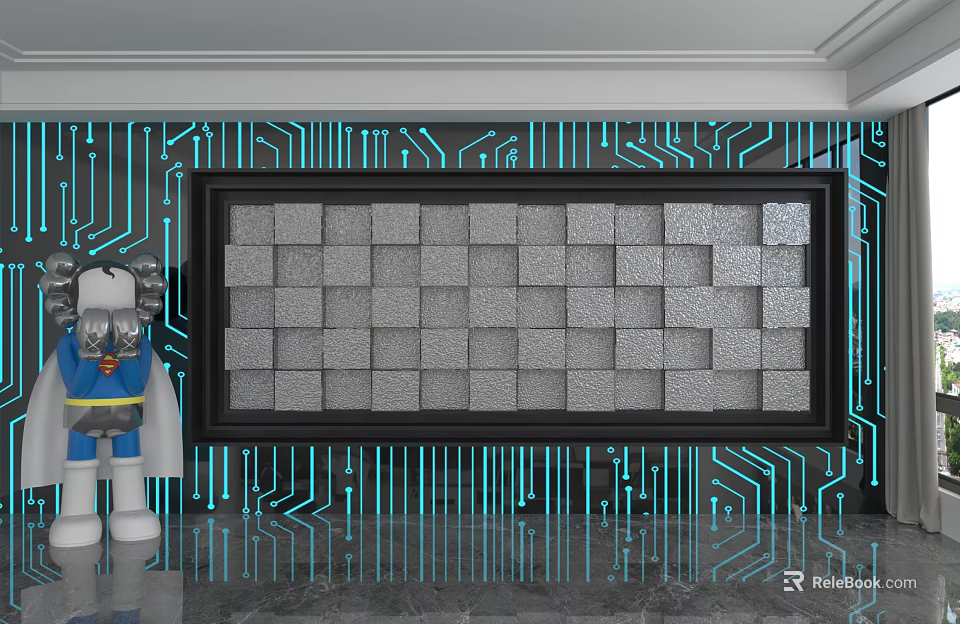 Modern Background Wall Design With Silver Square Tiles Black Frame And Blue Glowing Lines 3d model 