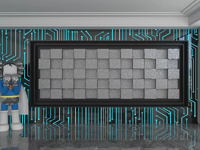 Modern Background Wall Design With Silver Square Tiles Black Frame And Blue Glowing Lines 3d model