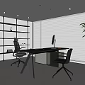 Modern Office Interior With White Blinds Black Shelves Desk Chairs And Green Plant